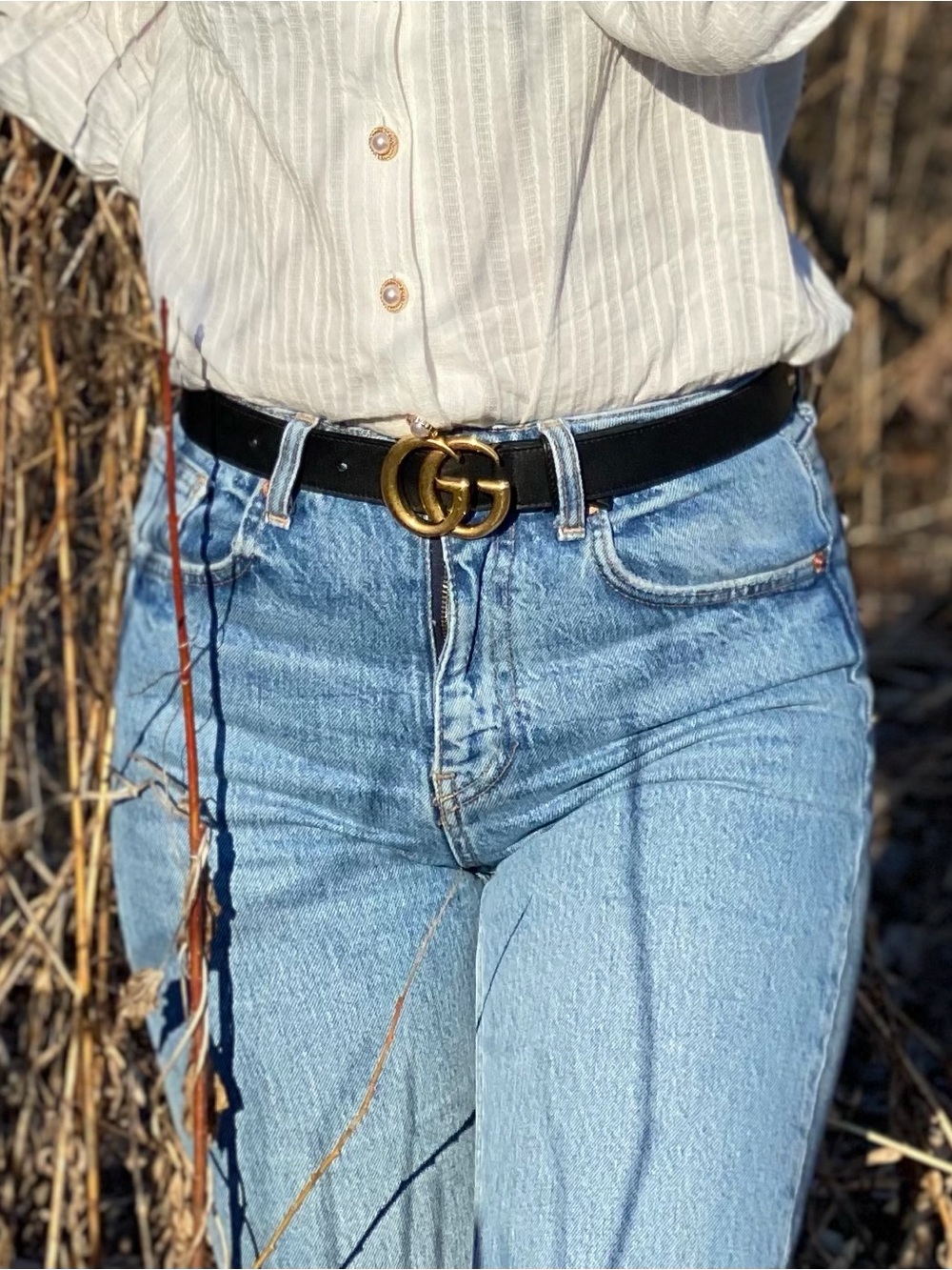 Gucci Black Leather Belt with Gold Double G Buckle